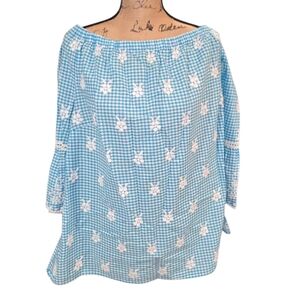 Life Style Blue Gingham‎ Embroidered Floral Off-Shoulder Top Plus Size 3X